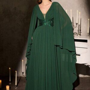 Emerald green mother of the bride dress. Formal party evening cape sleeve weddin